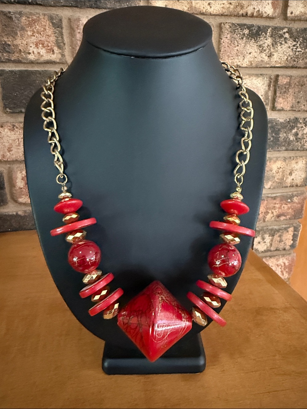 Vintage Red Disc and geometric Beaded statement necklace